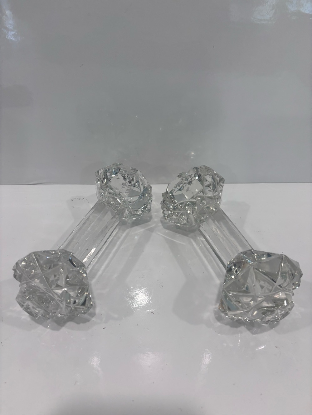 Vintage Pair Heavy Cut Crystal Knife Rests Faceted Star Cut Tableware